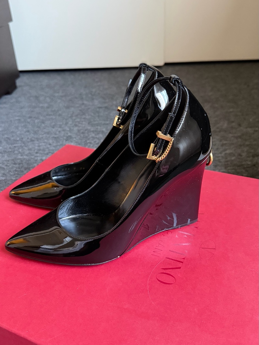 Valentino Black Patent Wedge Pumps with Gold Buckle